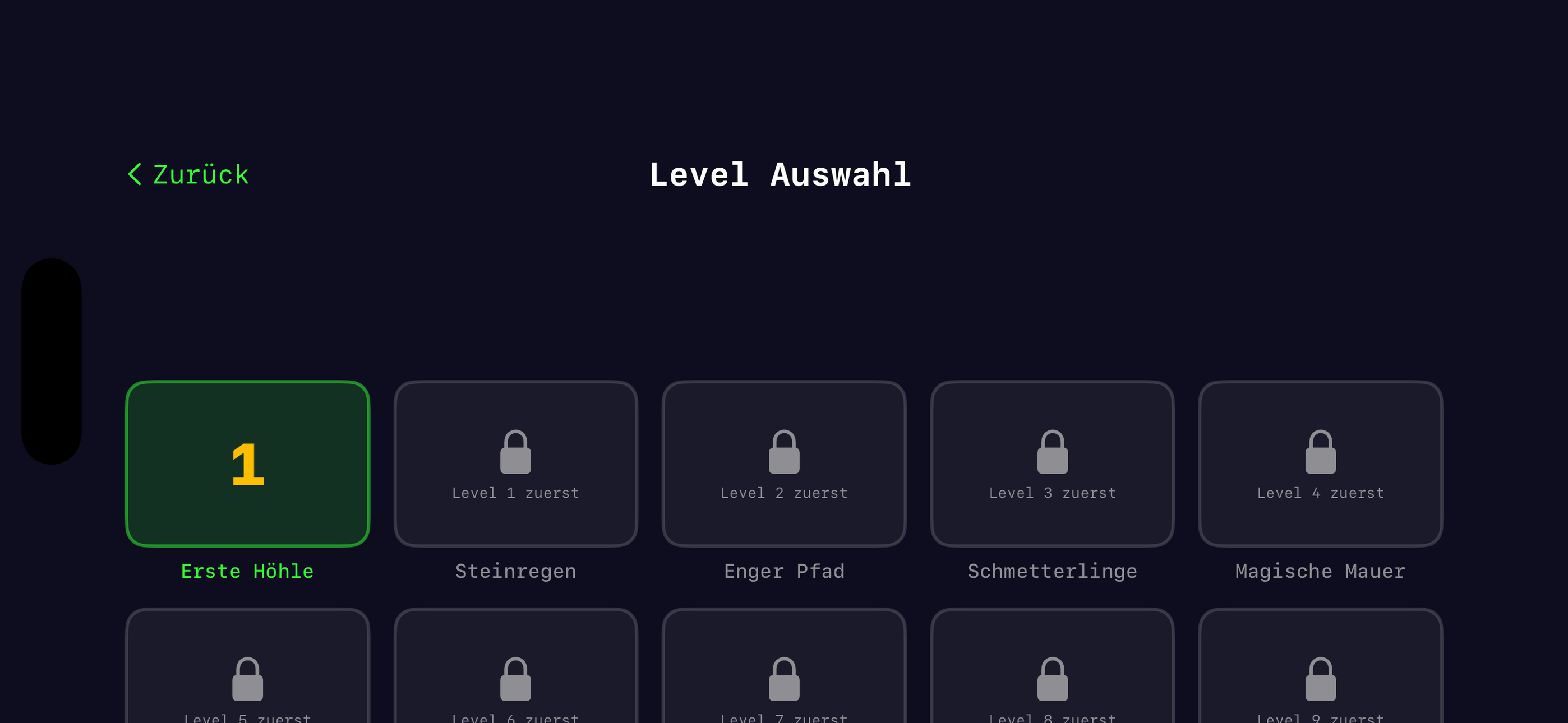 CaveDash world selection screen showing 20 handcrafted puzzle caves